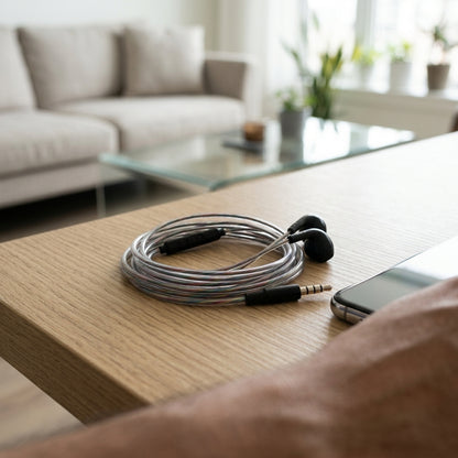 Wired earphones with a coiled silver cable and black ear tips resting on a light wood table next to a smartphone, with a blurred living room background.
