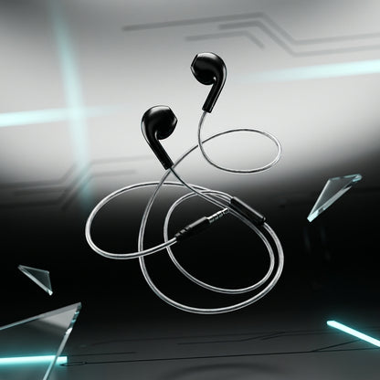 Black wired in-ear headphones with a transparent cable and inline remote, floating against a dark futuristic background with glowing cyan lines and glass shard props.