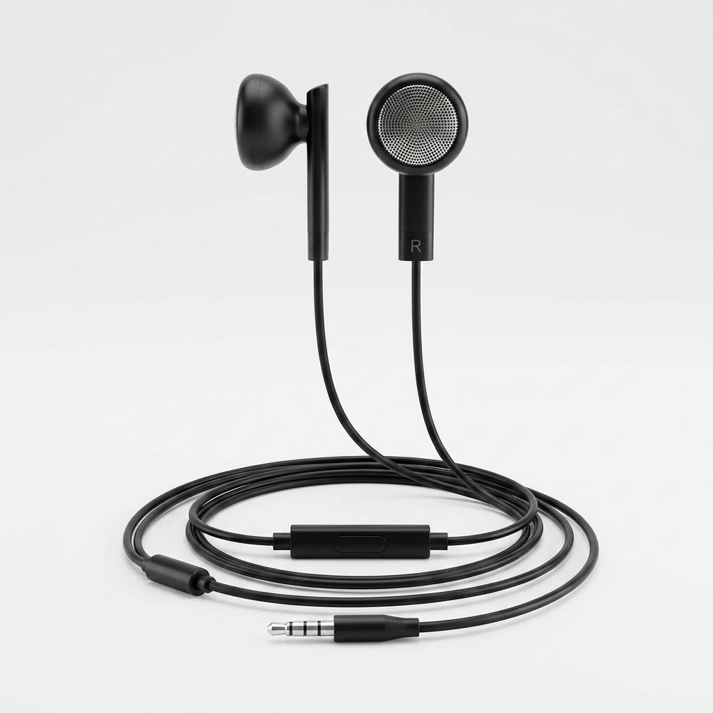 HTC Wired Earphones with Mic | Flat Earbud 3.5mm Jack Black - Pakistan