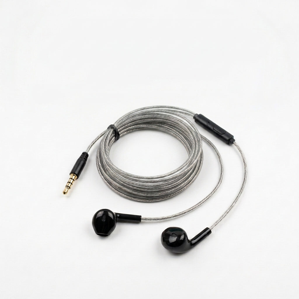 Black wired in-ear headphones with a coiled gray braided cable, a 3.5mm gold-plated jack, and a black inline remote on a white background.