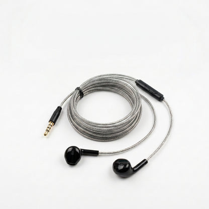 Black wired in-ear headphones with a coiled gray braided cable, a 3.5mm gold-plated jack, and a black inline remote on a white background.