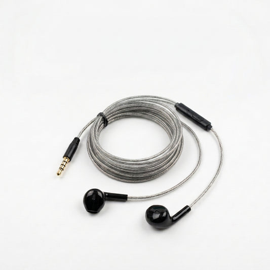 Black wired in-ear headphones with a coiled gray braided cable, a 3.5mm gold-plated jack, and a black inline remote on a white background.