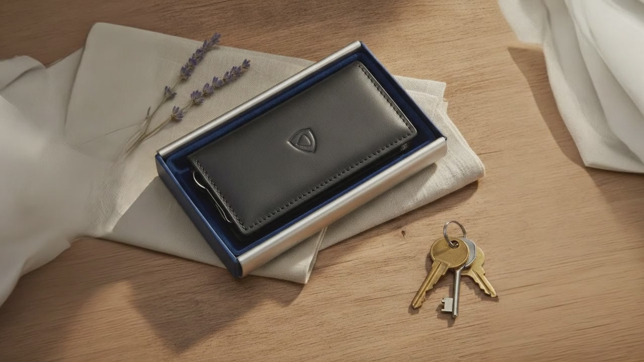 Leather key pouch Pakistan - video showcasing premium genuine leather key holder, compact design, and sturdy key ring attachment.