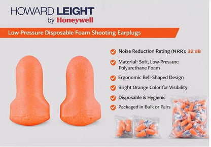 Howard Leight by Honeywell Low Pressure Disposable Foam Shooting Earplugs – High Noise Reduction, Soft Comfortable Fit, Bulk Pack Safety Ear Protection