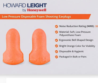 Howard Leight by Honeywell Low Pressure Disposable Foam Shooting Earplugs – High Noise Reduction, Soft Comfortable Fit, Bulk Pack Safety Ear Protection