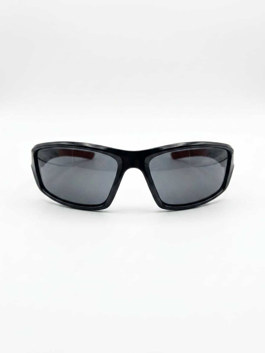 stylish sunglasses with black frame and dark polarized lenses on white background