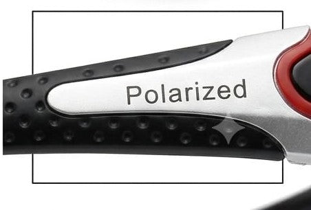 stylish sunglasses close-up showing polarized label on frame