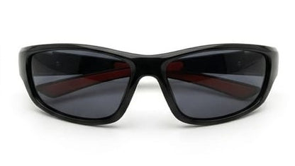 stylish sunglasses with black frame and dark lenses on white background