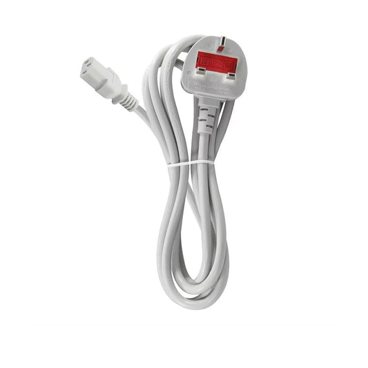 A white electrical power cord with a UK three-pin plug and a female connector, coiled and secured with a white tie-wrap, shown on a plain white background.
