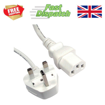 White UK three-pin power adapter cable with a UK plug and IEC connector, shown on a white background with 'Free Shipping', 'Fast Dispatch', and a Union Jack graphic.