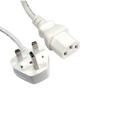 White power adapter cable with a UK three-pin plug and a three-pin connector on a white background.