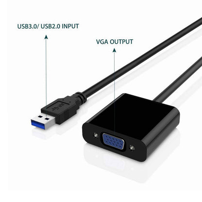 USB 3.0 to VGA , USB to VGA adapter with labeled inputs and outputs on a white background