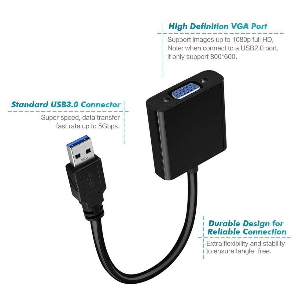USB 3.0 to VGA adapter with specifications on a white background