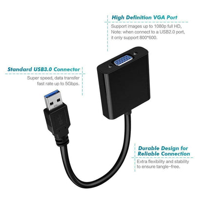 USB 3.0 to VGA adapter with specifications on a white background