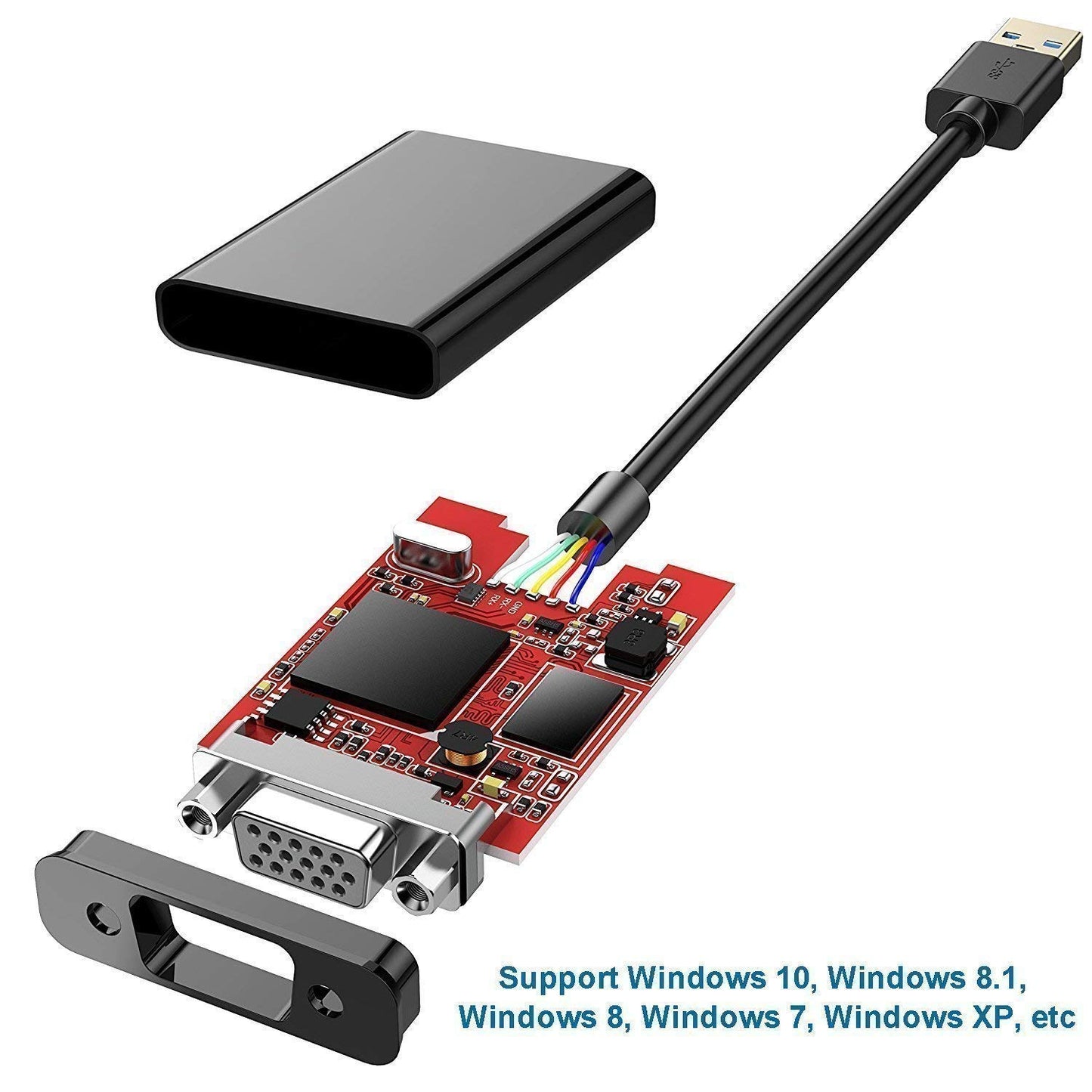 USB 3.0 to VGA , Computer hardware components including a USB cable, external hard drive, and motherboard on a white background.