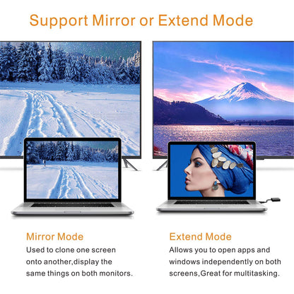 USB 3.0 to VGA , Two laptops with screens displaying nature scenes and a person, with text explaining mirror and extend modes.