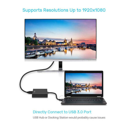 USB 3.0 to VGA Monitor and laptop connected with a USB 3.0 adapter, displaying a scenic cityscape.