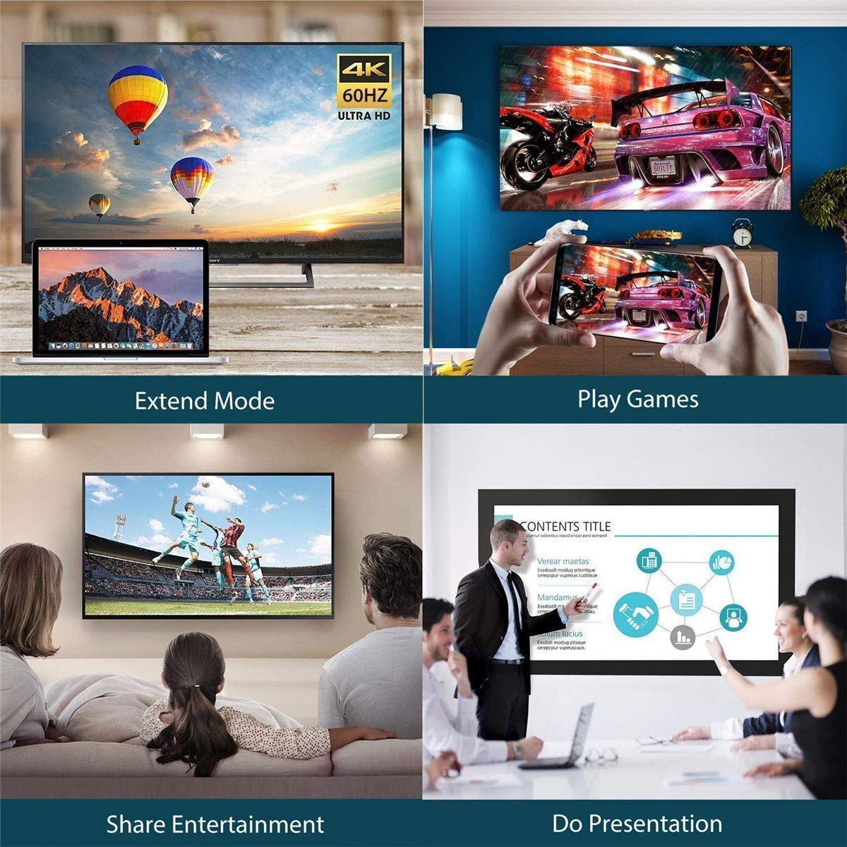 USB 3.0 to VGA , Collage of a smart TV displaying different modes including 4K Ultra HD, extend mode, play games, share entertainment, and do presentation.