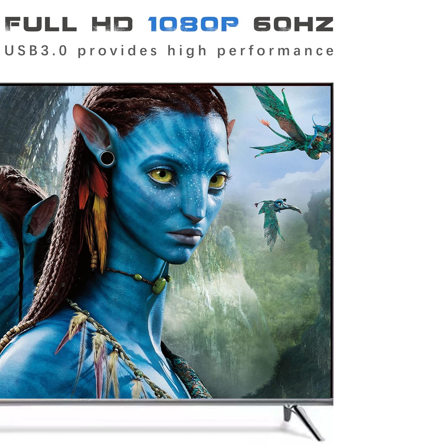 Television displaying a scene from 'Avatar' with high performance specifications. USB 3.0 to VGA