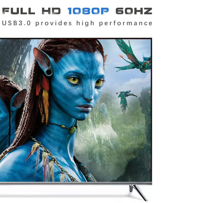 Television displaying a scene from 'Avatar' with high performance specifications. USB 3.0 to VGA