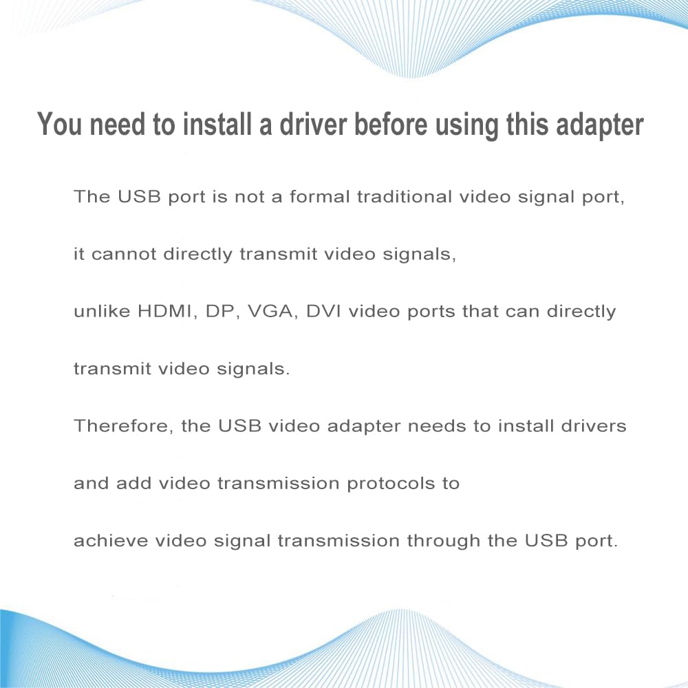 Instructions for using a USB video adapter with text explaining driver installation and signal transmission. USB 3.0 to VGA