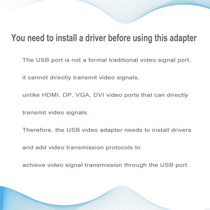 Instructions for using a USB video adapter with text explaining driver installation and signal transmission. USB 3.0 to VGA