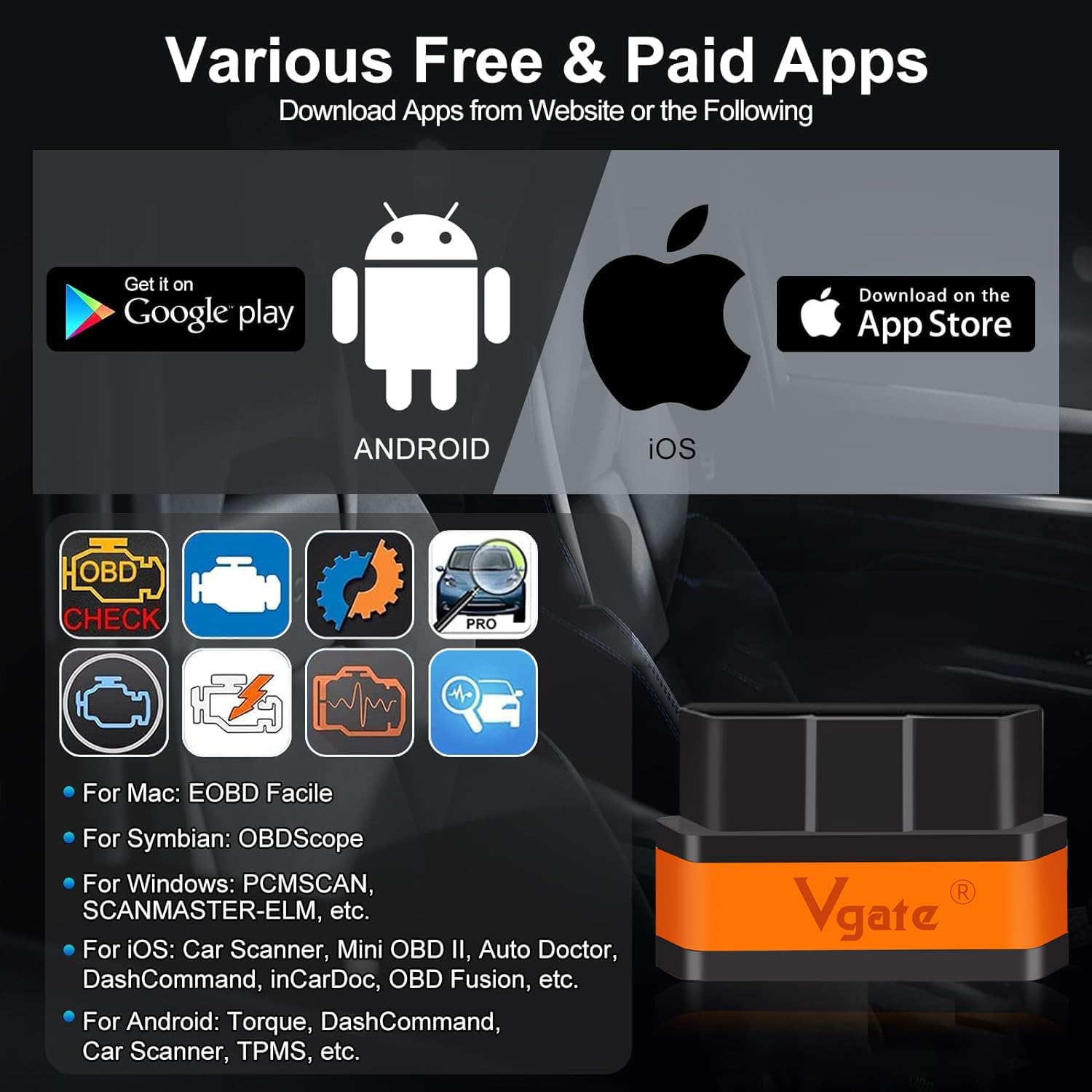 Vgate iCar2 BLE 4.0 OBD2 Bluetooth Adapter ELM327 Scanner Car Diagnostic Tool Engine System Diagnostic Tool for Android/IOS (Black/Orange)