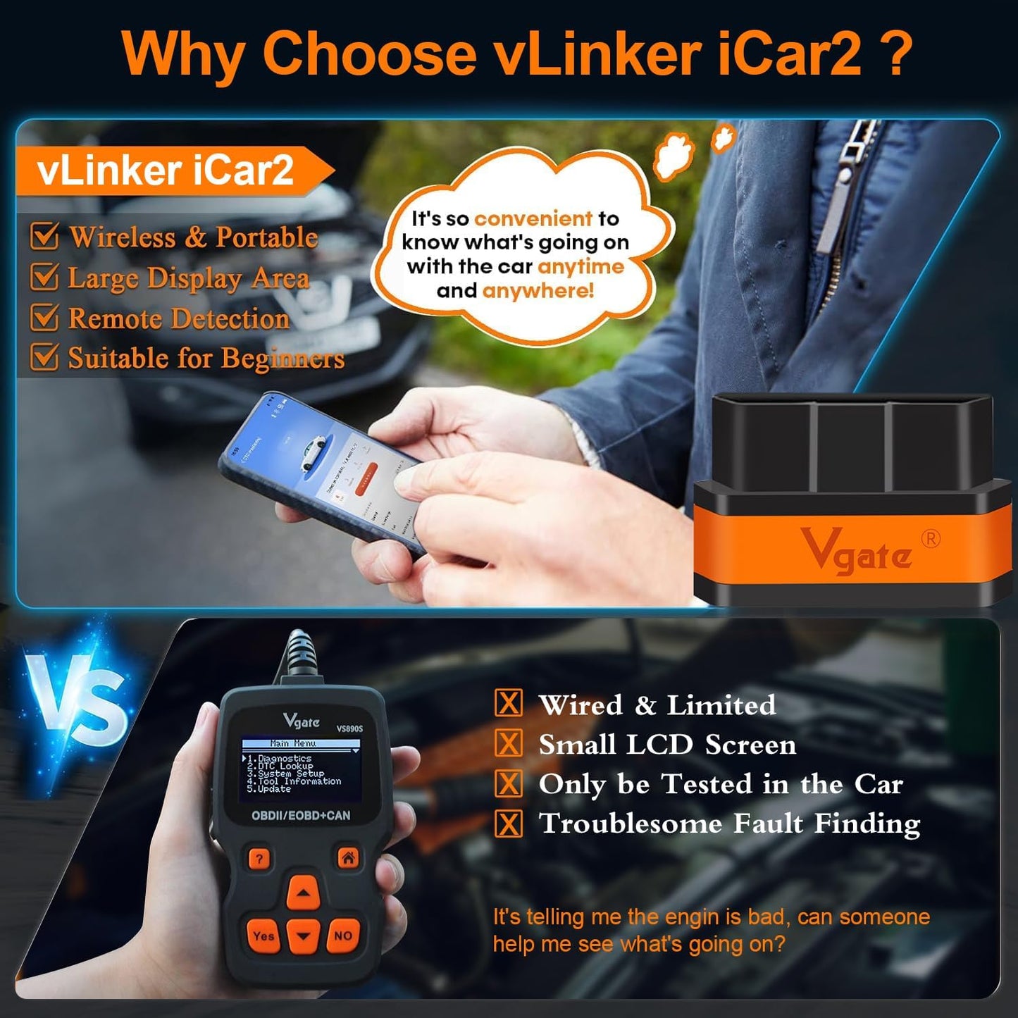 Vgate iCar2 BLE 4.0 OBD2 Bluetooth Adapter ELM327 Scanner Car Diagnostic Tool Engine System Diagnostic Tool for Android/IOS (Black/Orange)