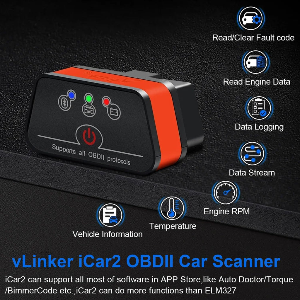 Vgate iCar2 BLE 4.0 OBD2 Bluetooth Adapter ELM327 Scanner Car Diagnostic Tool Engine System Diagnostic Tool for Android/IOS (Black/Orange)