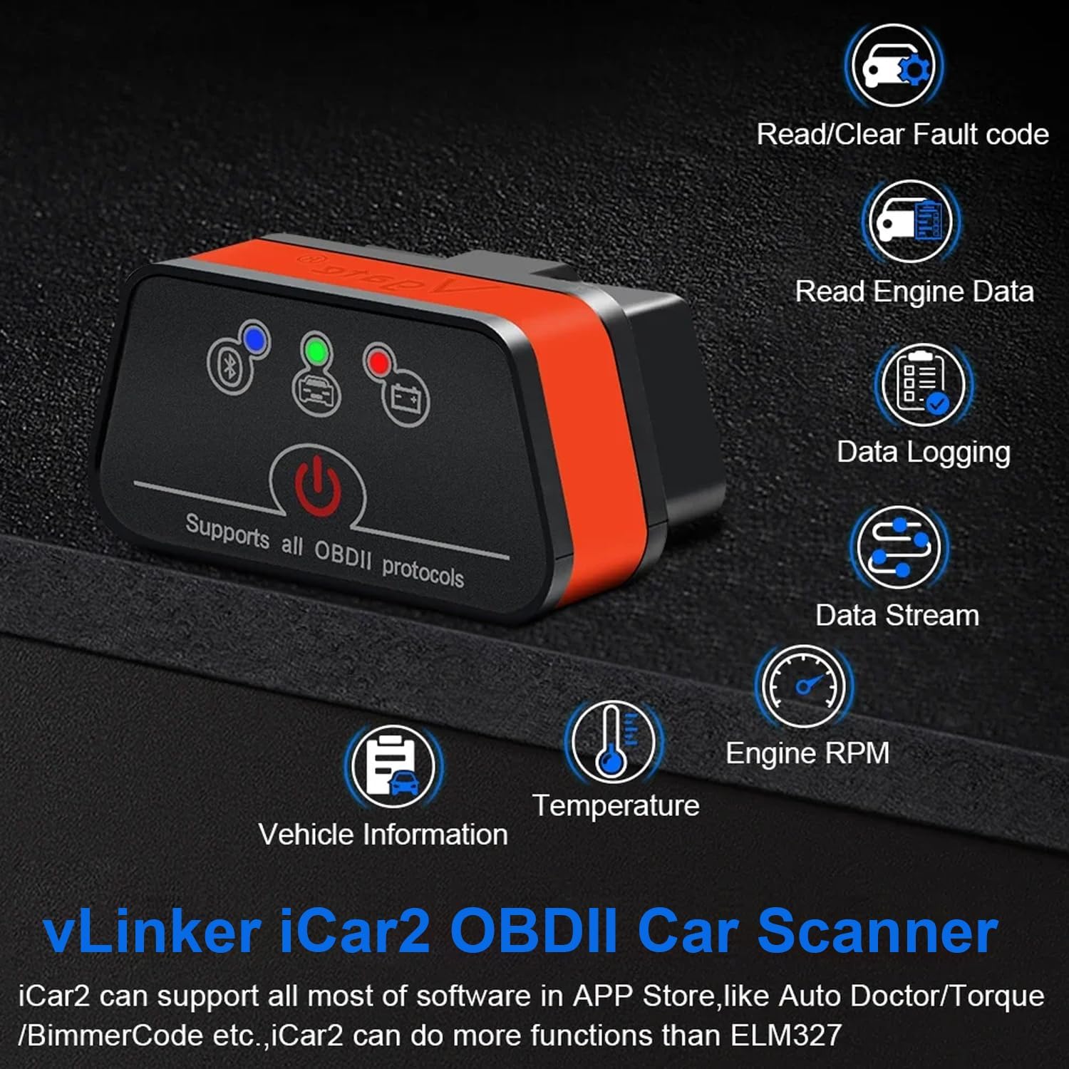 Vgate iCar2 BLE 4.0 OBD2 Bluetooth Adapter ELM327 Scanner Car Diagnostic Tool Engine System Diagnostic Tool for Android/IOS (Black/Orange)