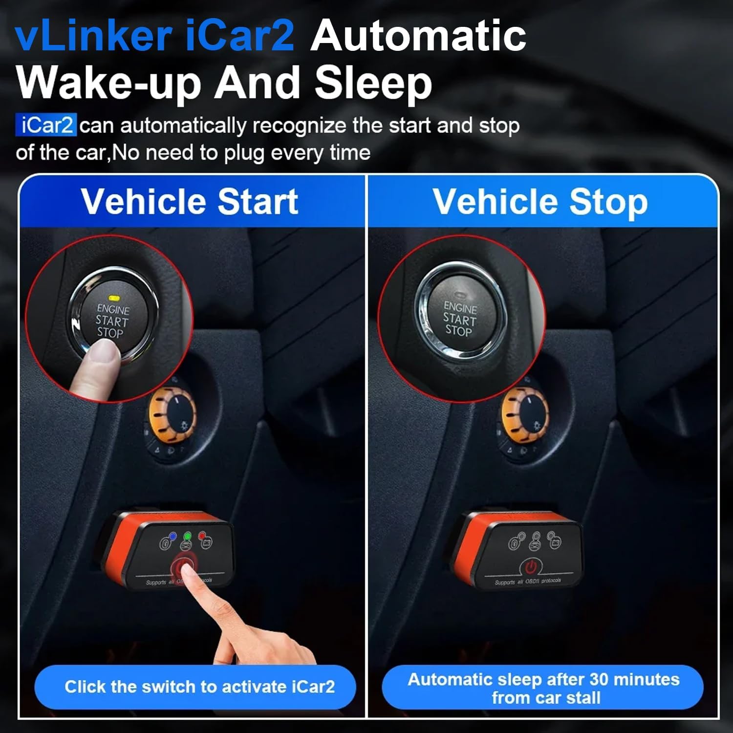 Vgate iCar2 BLE 4.0 OBD2 Bluetooth Adapter ELM327 Scanner Car Diagnostic Tool Engine System Diagnostic Tool for Android/IOS (Black/Orange)