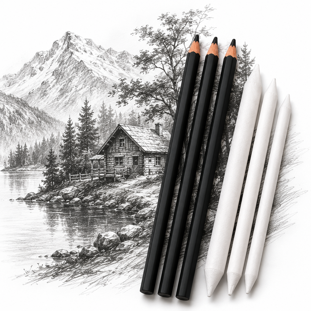 Pack of 2 – 3 Pcs Charcoal Pencils &amp; 3 Pcs Blending Stump Set | Sketching &amp; Shading Kit for Artists