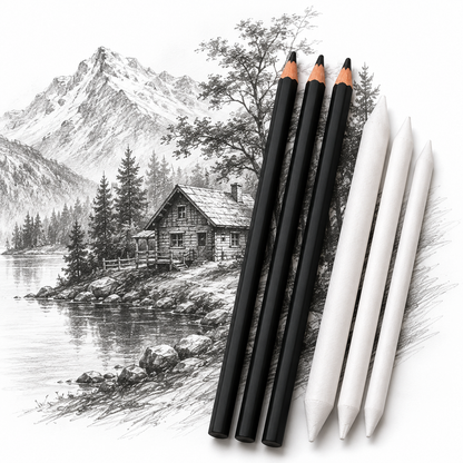 Pack of 2 – 3 Pcs Charcoal Pencils &amp; 3 Pcs Blending Stump Set | Sketching &amp; Shading Kit for Artists