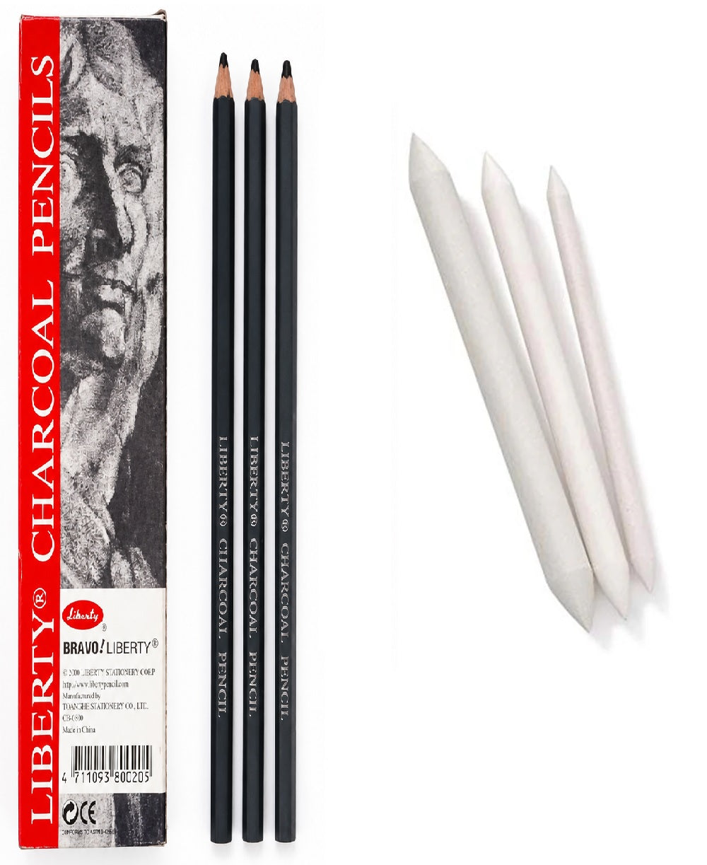 Pack of 2 – 3 Pcs Charcoal Pencils &amp; 3 Pcs Blending Stump Set | Sketching &amp; Shading Kit for Artists