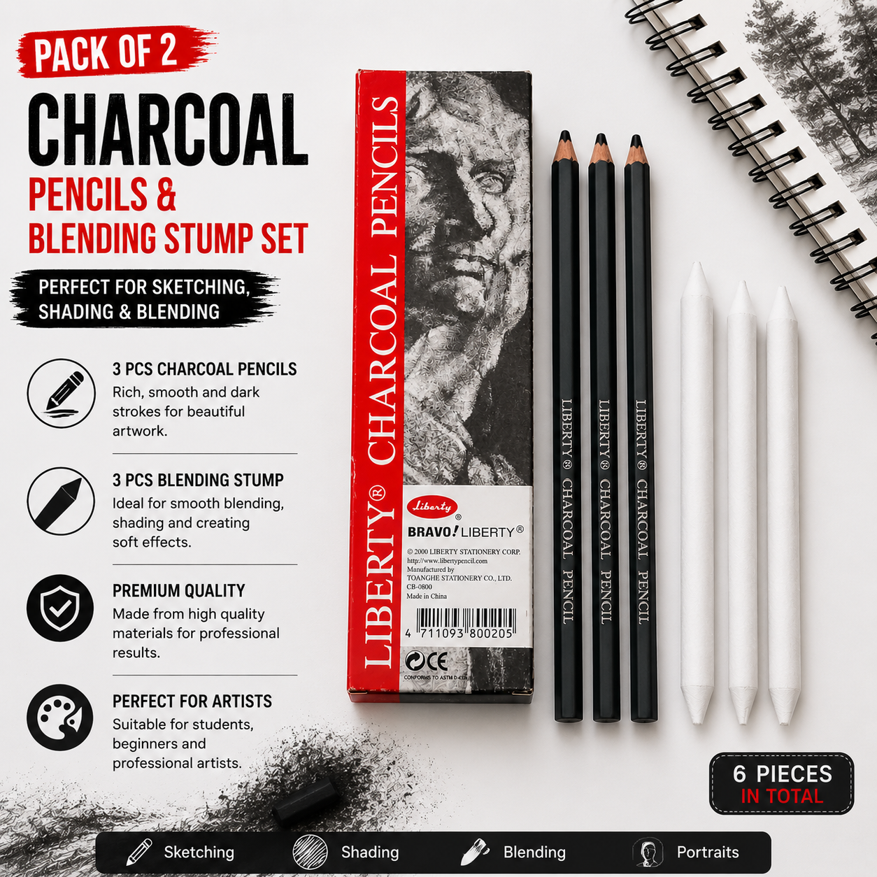 Pack of 2 – 3 Pcs Charcoal Pencils &amp; 3 Pcs Blending Stump Set | Sketching &amp; Shading Kit for Artists