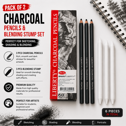 Pack of 2 – 3 Pcs Charcoal Pencils &amp; 3 Pcs Blending Stump Set | Sketching &amp; Shading Kit for Artists