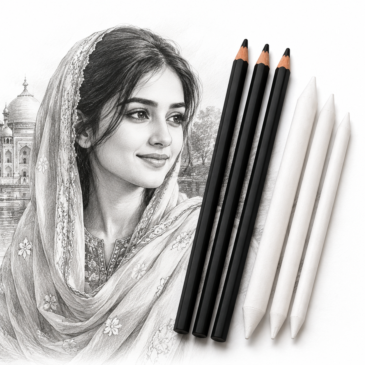 Pack of 2 – 3 Pcs Charcoal Pencils &amp; 3 Pcs Blending Stump Set | Sketching &amp; Shading Kit for Artists